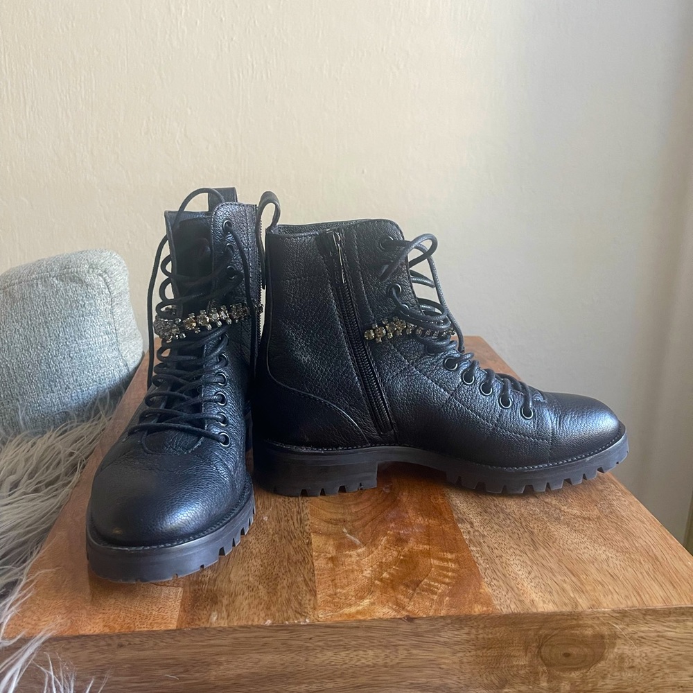 Jimmy Choo Black Combat Boots with Crystal Embellishments
